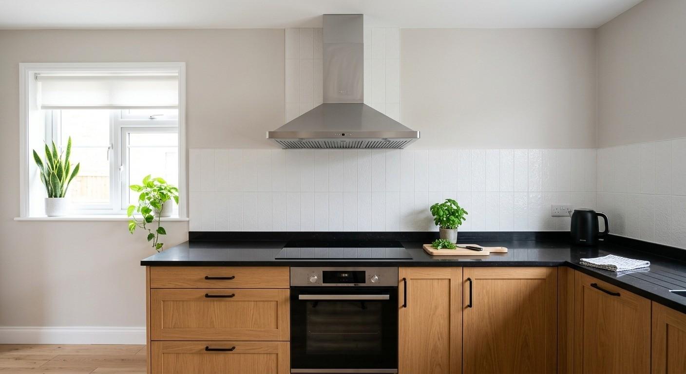 hasil pemasangan cooker hood tanpa kitchen set yang rapi di dapur
