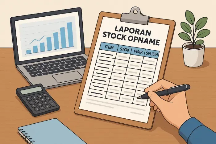 Contoh laporan stock opname dengan pemilik toko mencatat dan membandingkan stok fisik dengan data persediaan